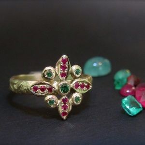 14k Yellow Gold Ring, Emerald and Ruby Flower, Handmade